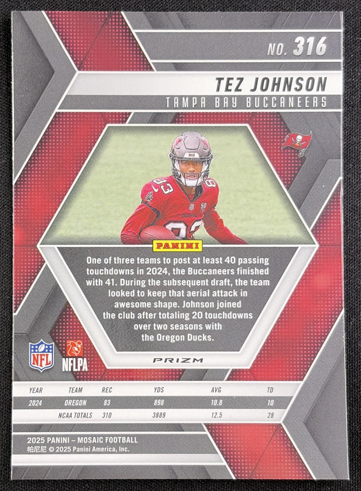 Tez Johnson 2025 Panini Mosaic Rookies Reactive Purple Prizm Buccaneers Sports Trading Card