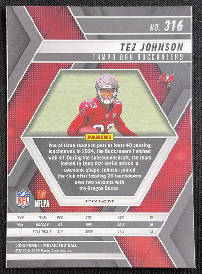 Tez Johnson 2025 Panini Mosaic Rookies Reactive Purple Prizm Buccaneers Sports Trading Card