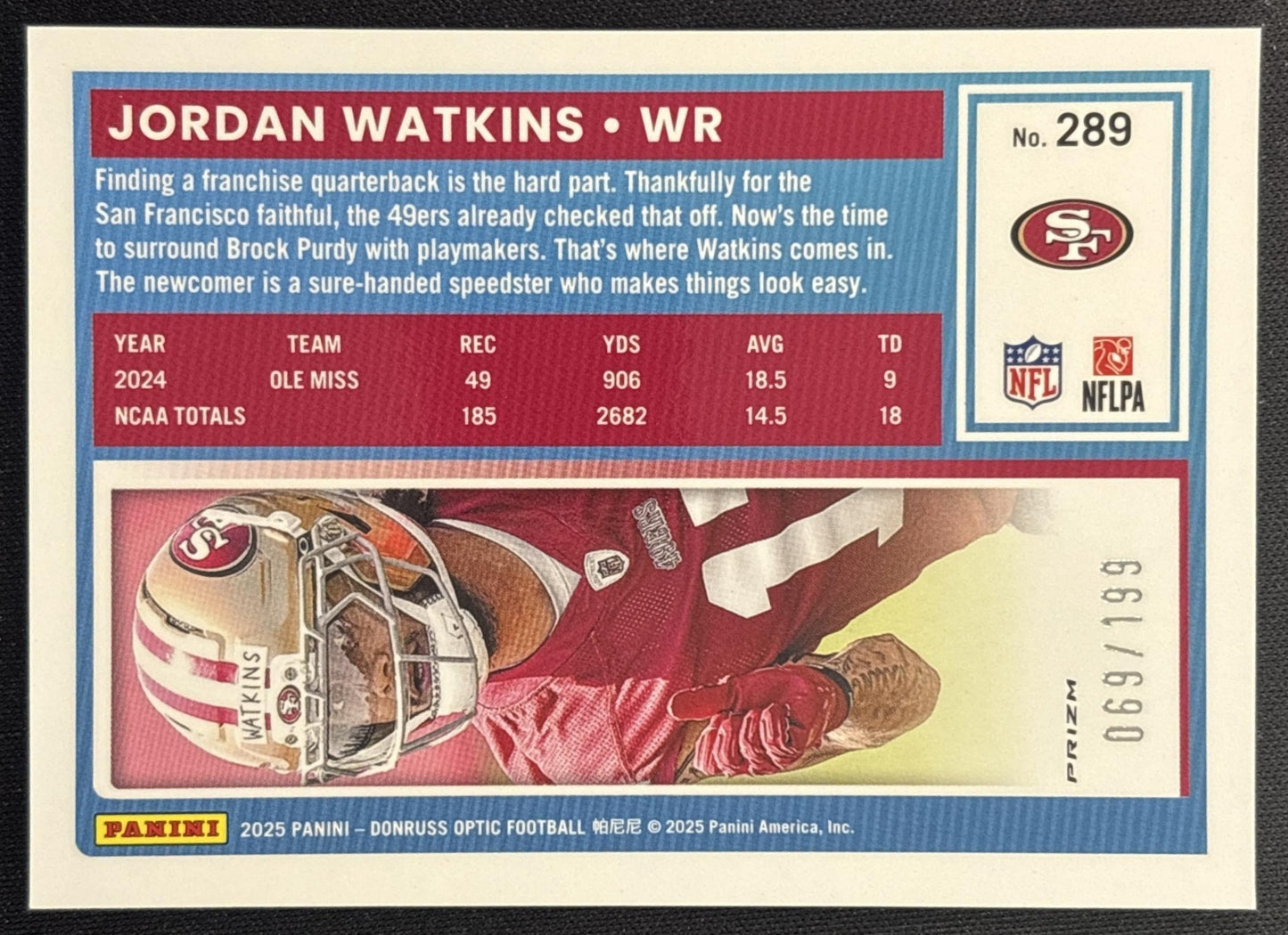 Jordan Watkins 2025 Panini Donruss Optic Rated Rookie Flex Prizm /199 49ers back