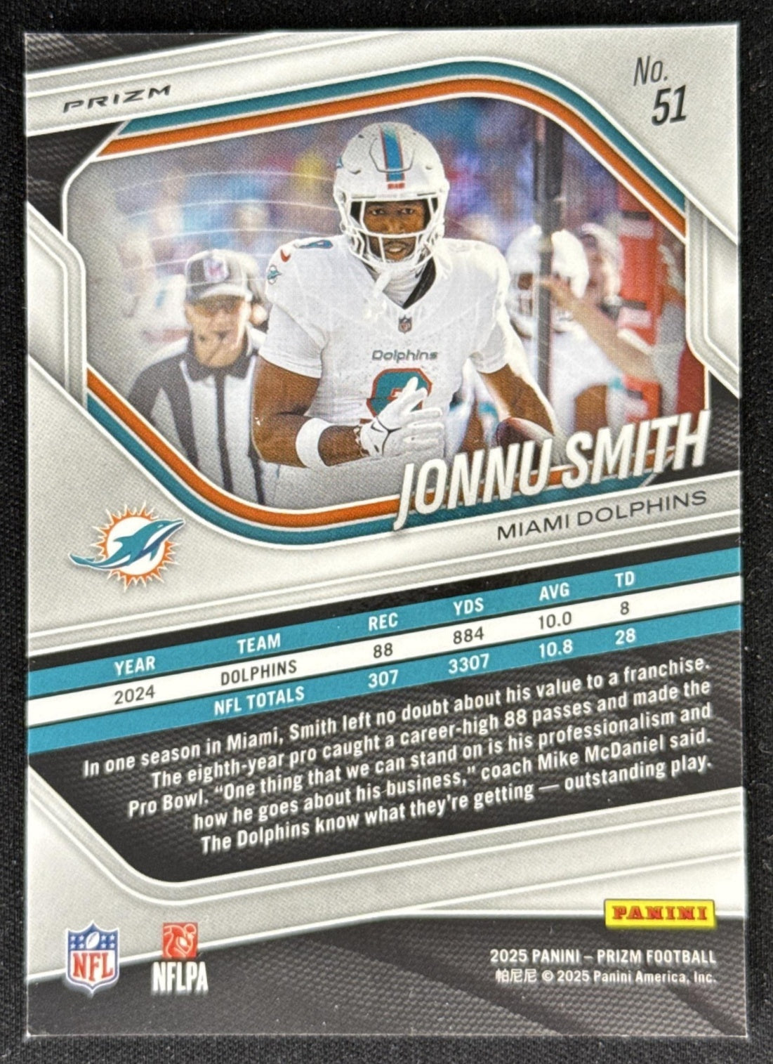 Jonnu Smith 2025 Panini Prizm Red White & Blue Dolphins Sports Trading Card