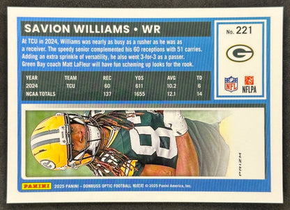 Savion Williams 2025 Donruss Optic Rated Rookie Purple Shock Prizm Packers Football Card
