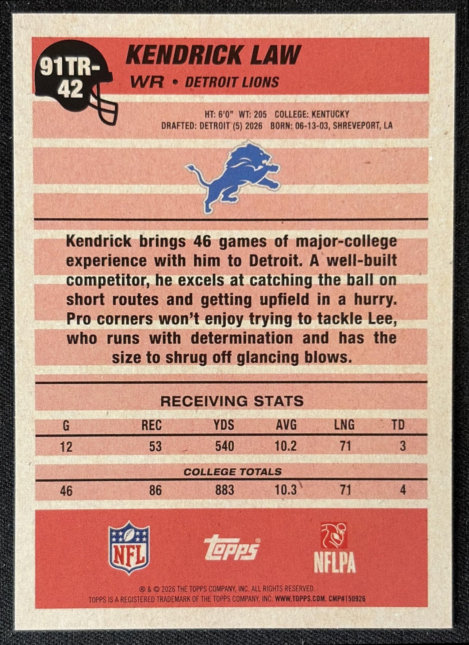 Kendrick Law 2026 Topps 1991 Rookie Lions back