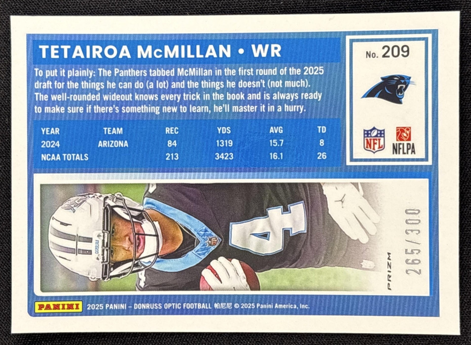 Tetairoa McMillan 2025 Panini Donruss Optic Rated Rookie Wave Prizm /300 Panthers