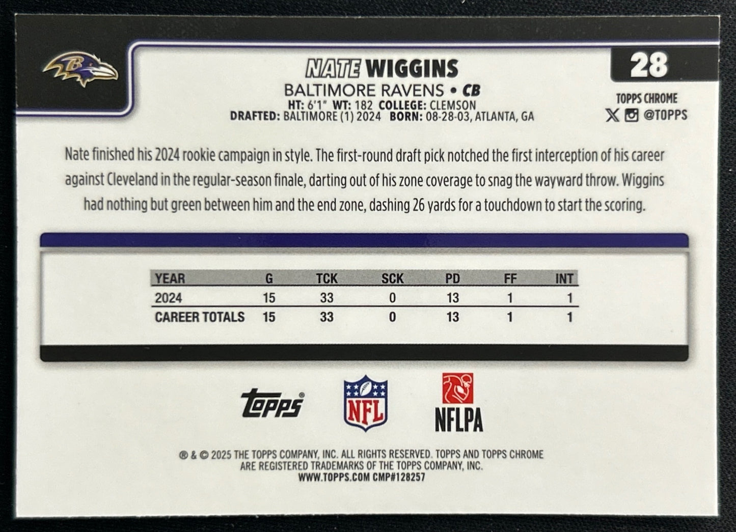 Nate Wiggins 2025 Topps Chrome Ravens Sports Trading Cards