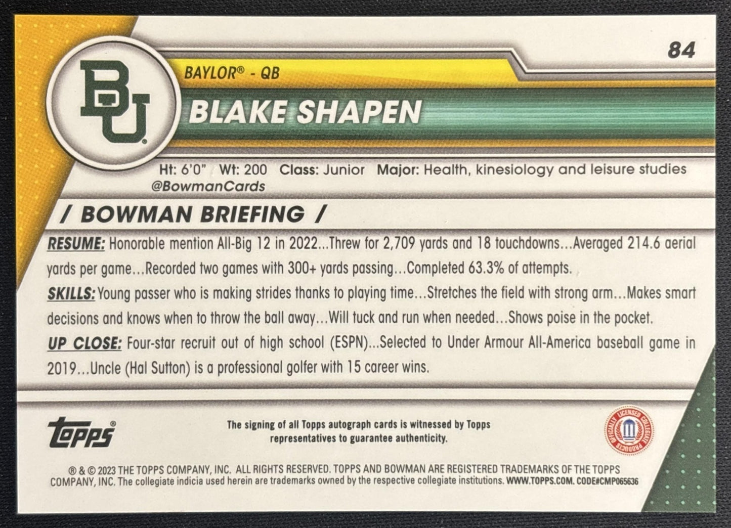 Blake Shapen 2023 Bowman University Chrome Prospect Auto 2 back