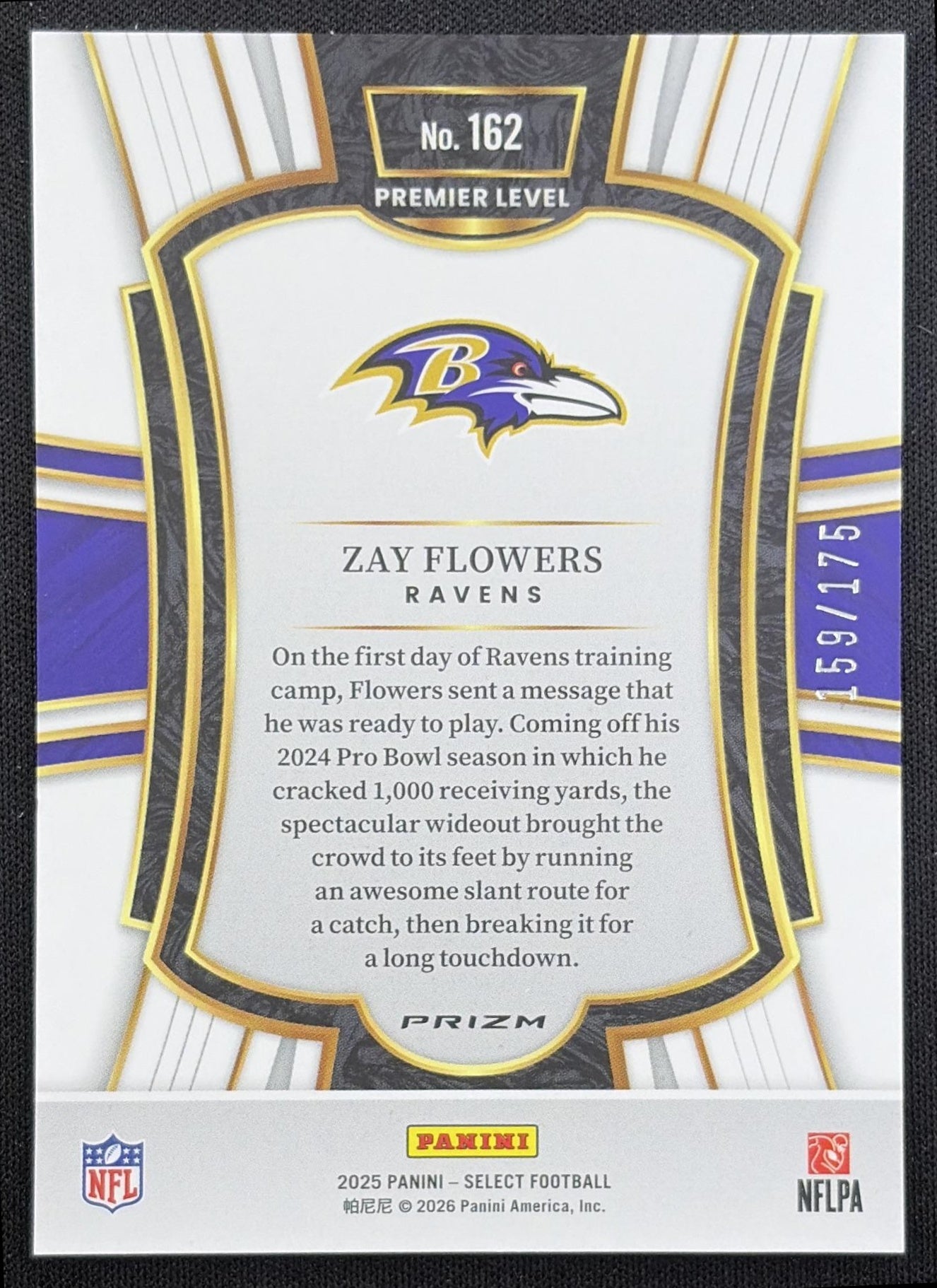 Zay Flowers 2025 Panini Select Premier Level Blue Prizm /175 Ravens Baltimore Ravens back