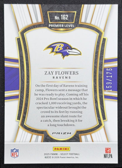 Zay Flowers 2025 Panini Select Premier Level Blue Prizm /175 Ravens Baltimore Ravens back