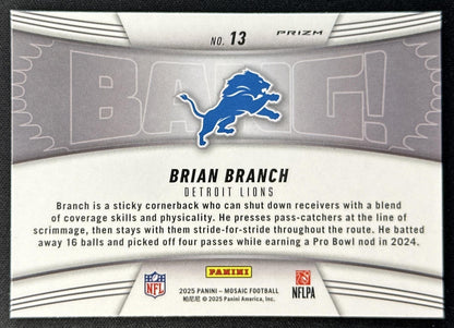 Brian Branch 2025 Panini Mosaic Bang! Orange Fluorescent Prizm Lions Sports Trading Cards
