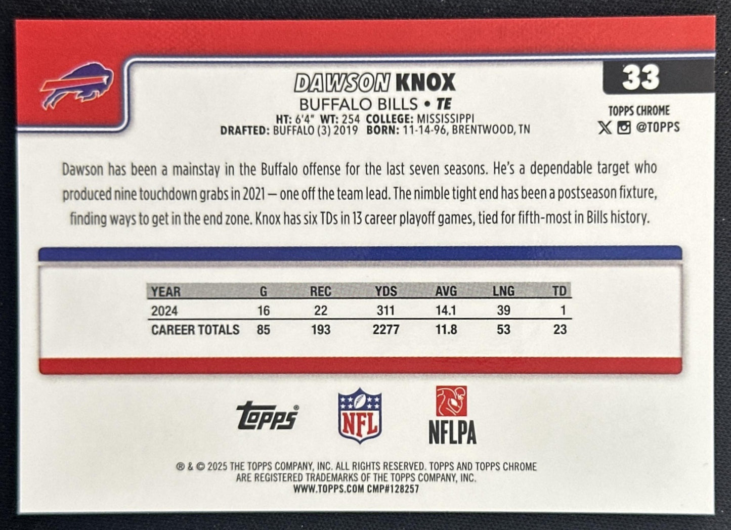 Dawson Knox 2025 Topps Chrome Gold Geometric Refractor /50 Bills Sports Trading Cards