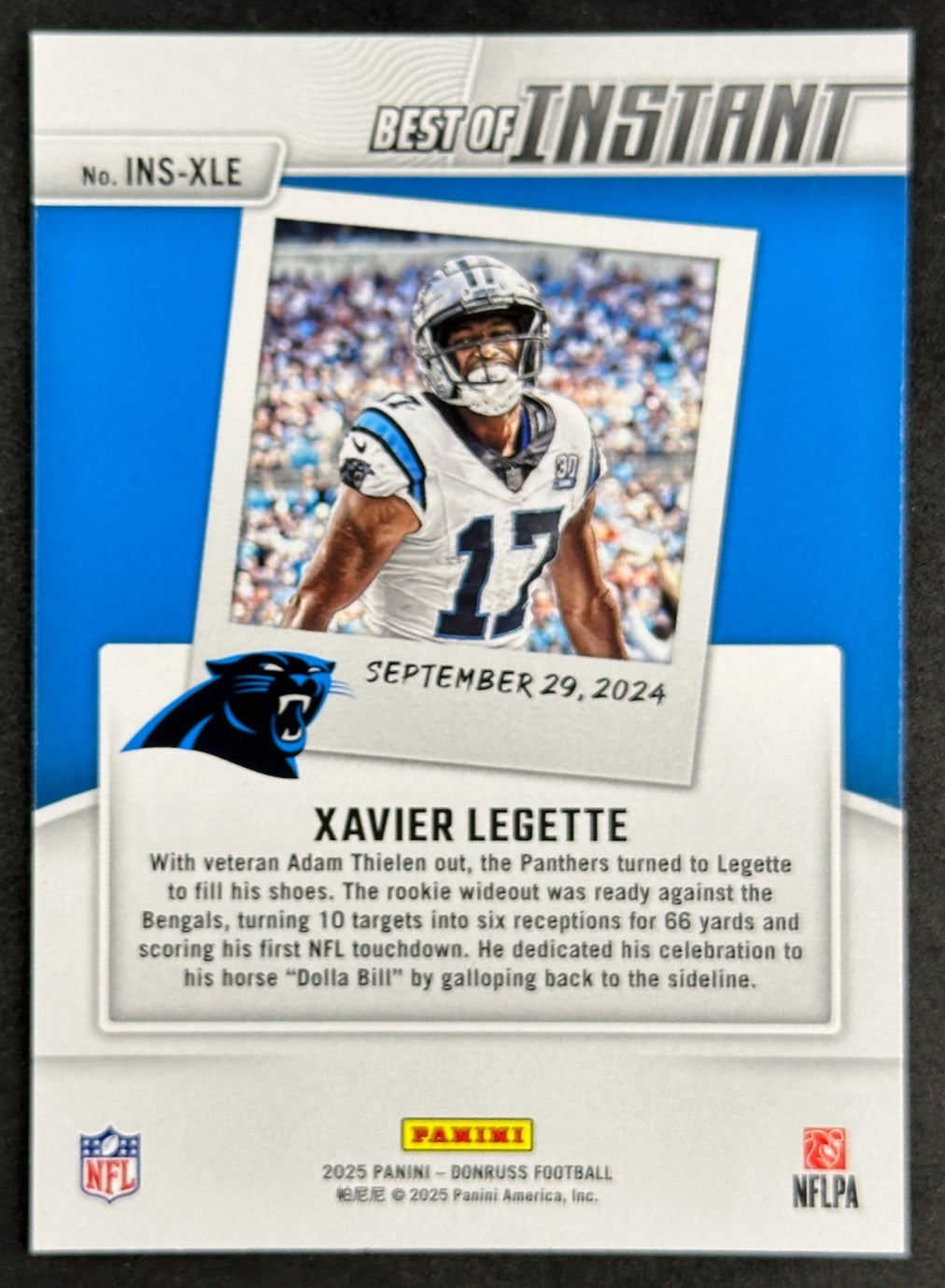 Xavier Legette 2025 Donruss Best of Instant Panthers Sports Trading Card