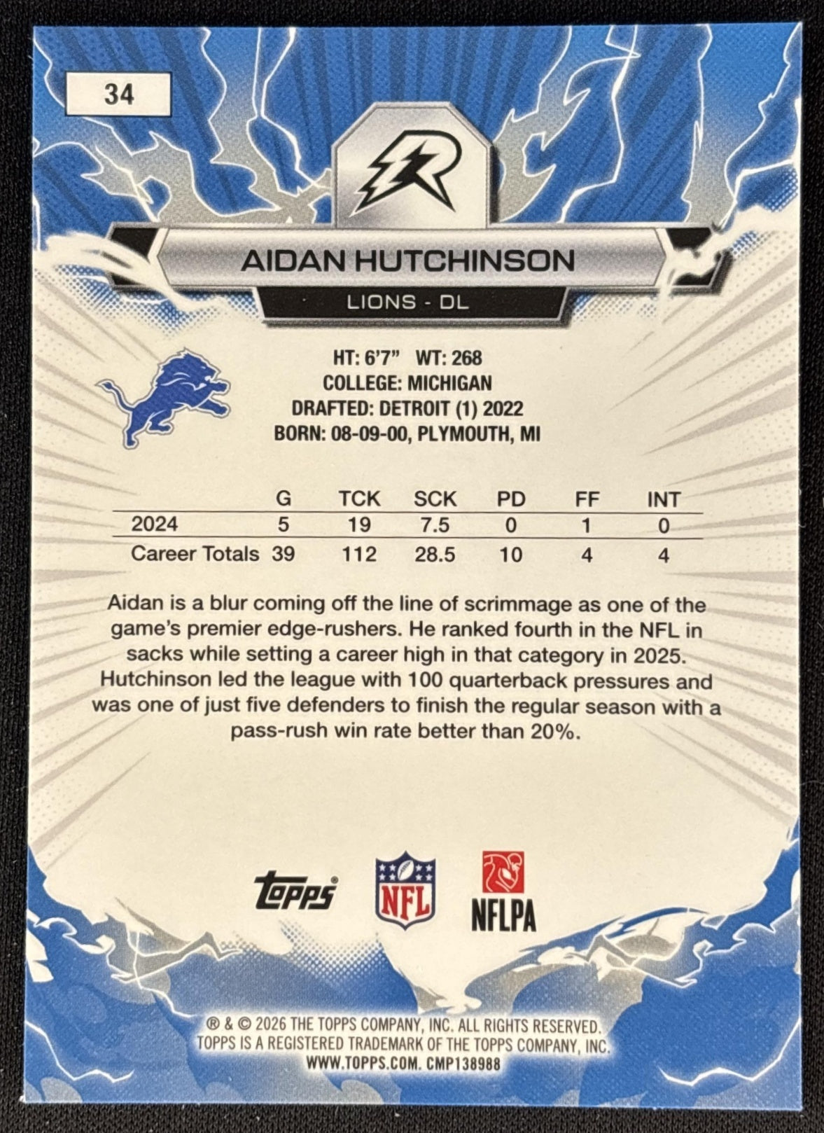 Aidan Hutchinson 2025 Topps Resurgence Lions Detroit Lions back