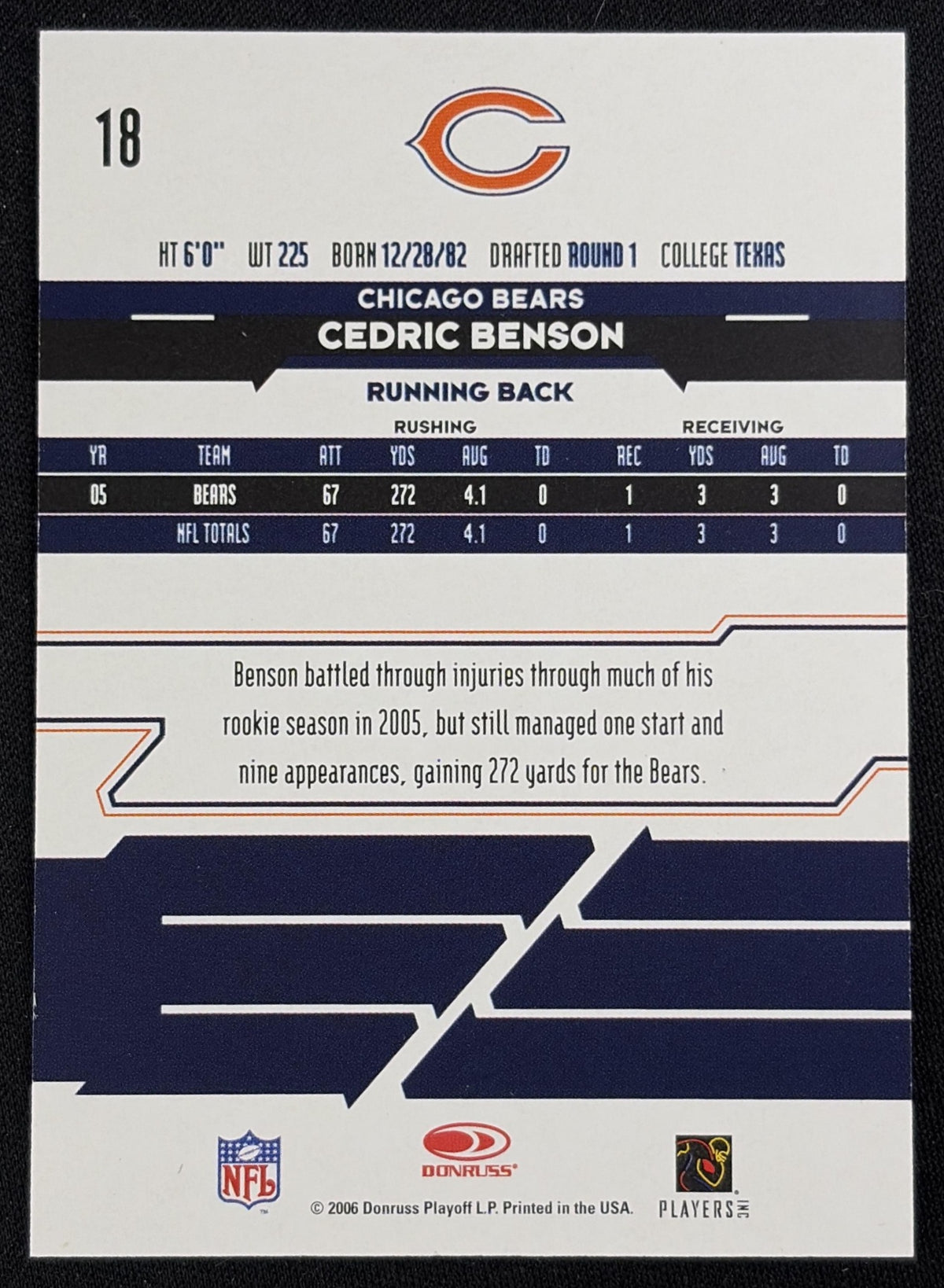 Cedric Benson 2005 Leaf Rookies & Stars Longevity /249 Bears - back
