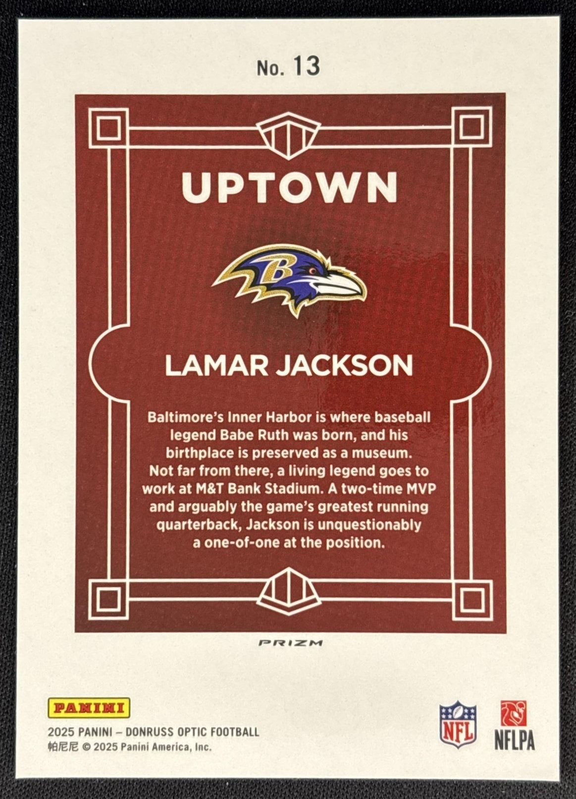 Lamar Jackson 2025 Panini Donruss Optic Uptown Ravens back