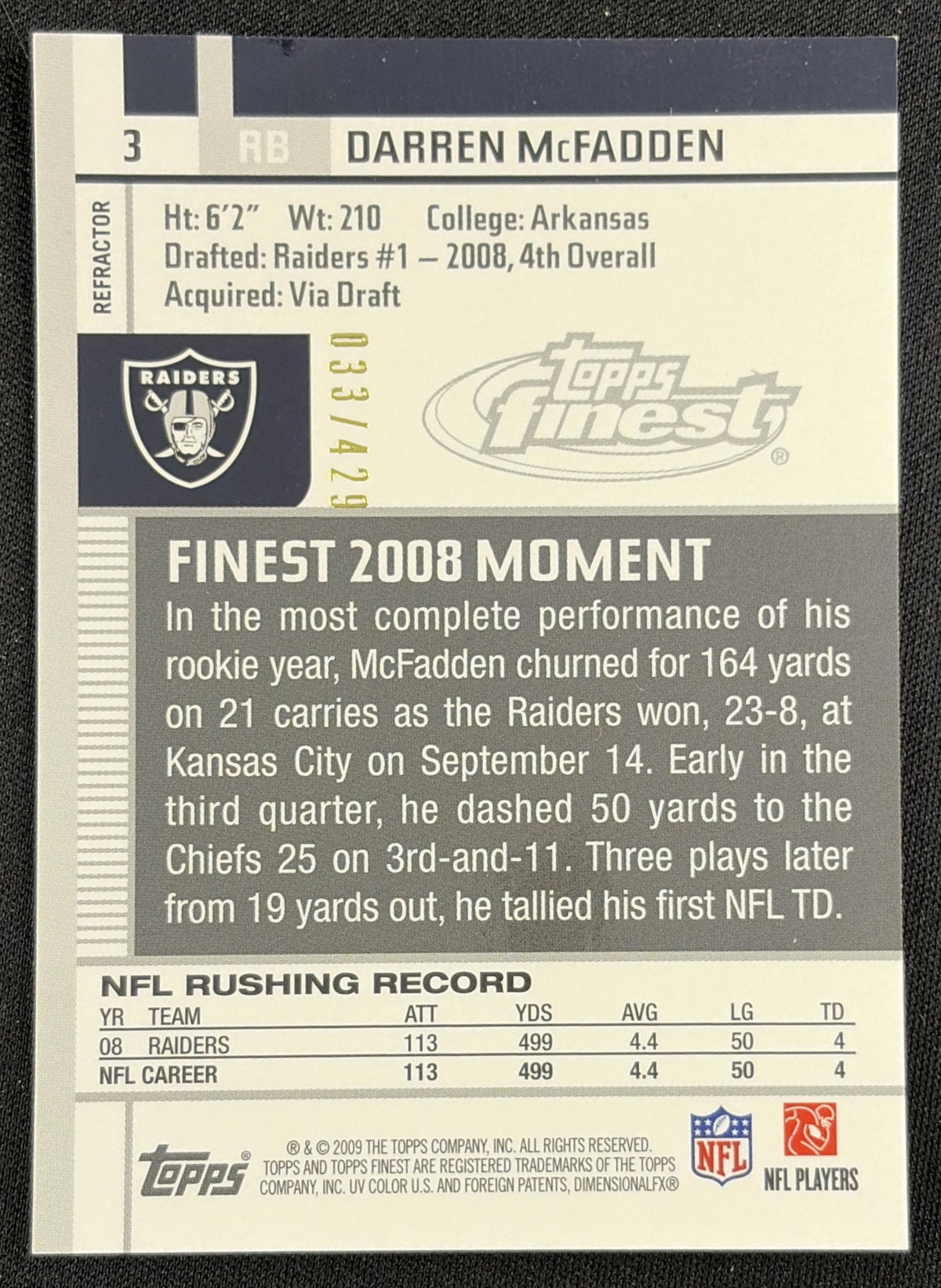 Darren McFadden 2009 Topps Finest Blue Refractor /429 Raiders back