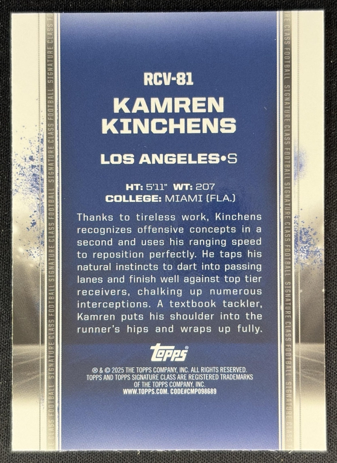 Kamren Kinchens 2024 Signature Class Rookie Chrome Variations Teal /225 Rams