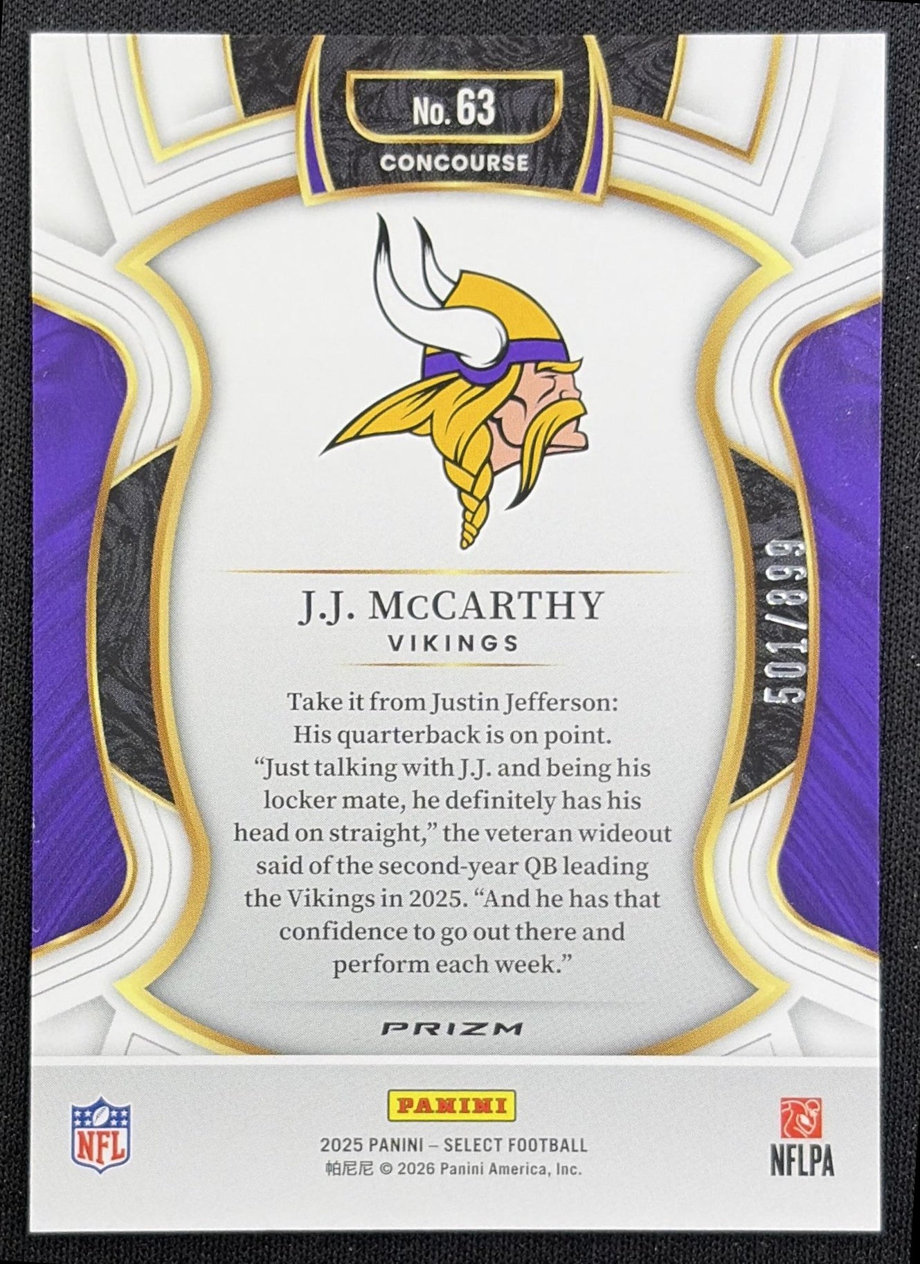 J.J. McCarthy 2025 Panini Select Concourse Copper Prizm Shock /899 Vikings