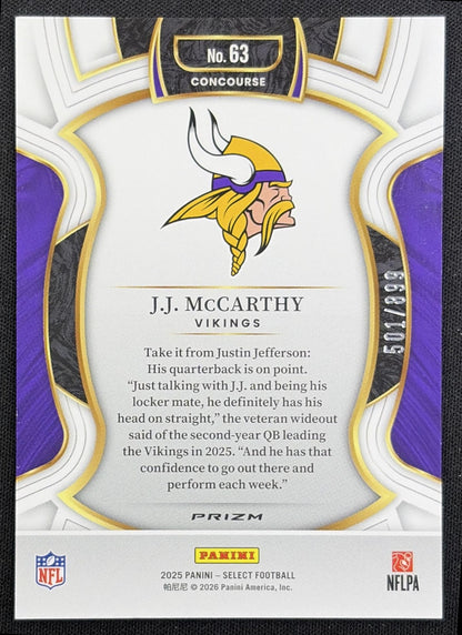 J.J. McCarthy 2025 Panini Select Concourse Copper Prizm Shock /899 Vikings