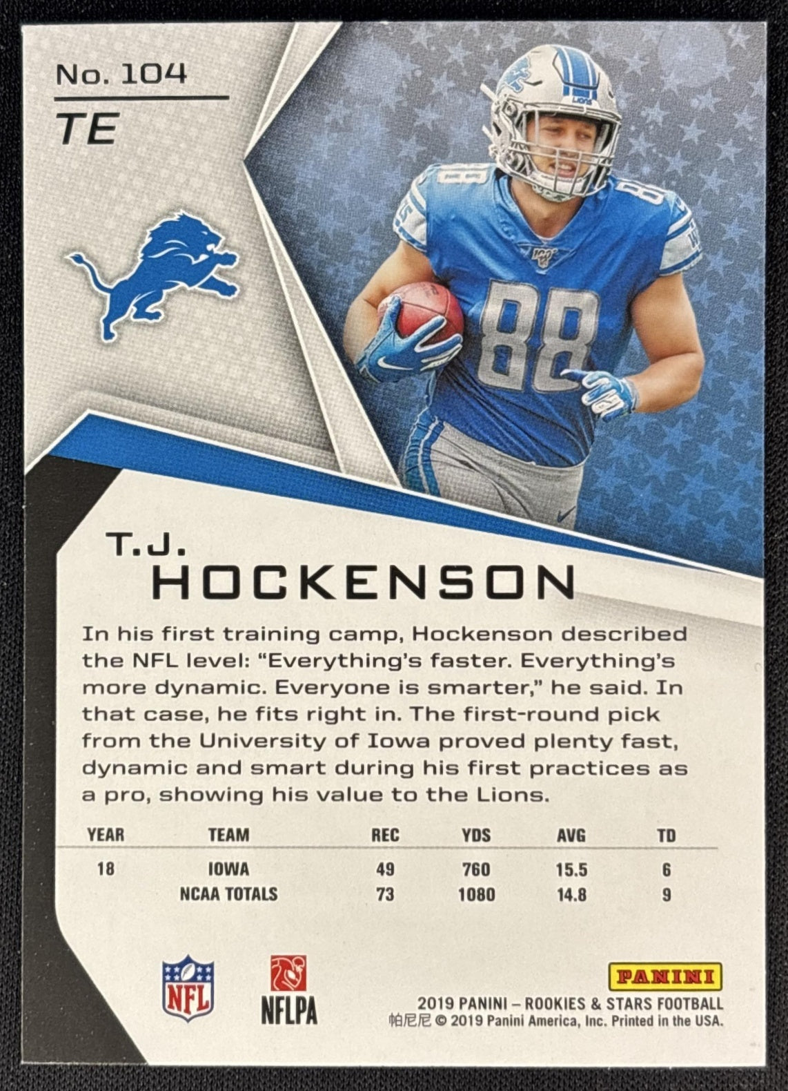 T.J. Hockenson 2019 Panini Rookies & Stars Lions back