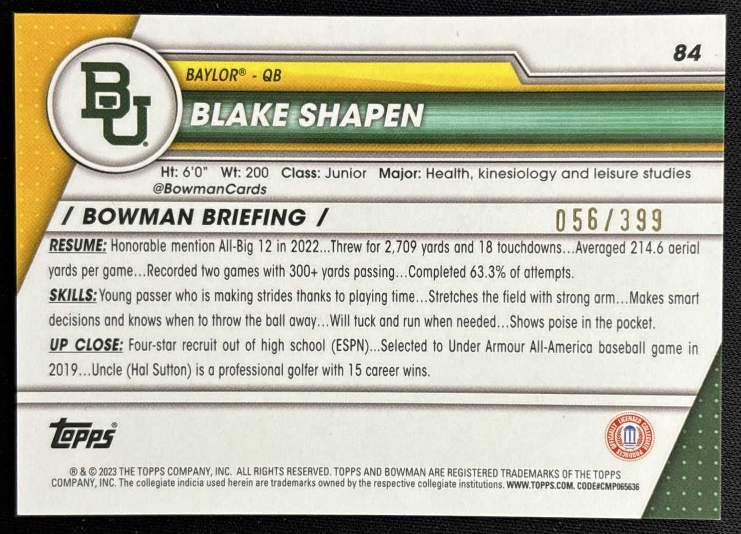 Blake Shapen 2023 Bowman University Chrome Purple Mini Diamond Refractor /399 back
