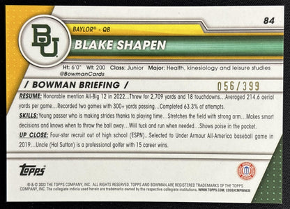 Blake Shapen 2023 Bowman University Chrome Purple Mini Diamond Refractor /399 back
