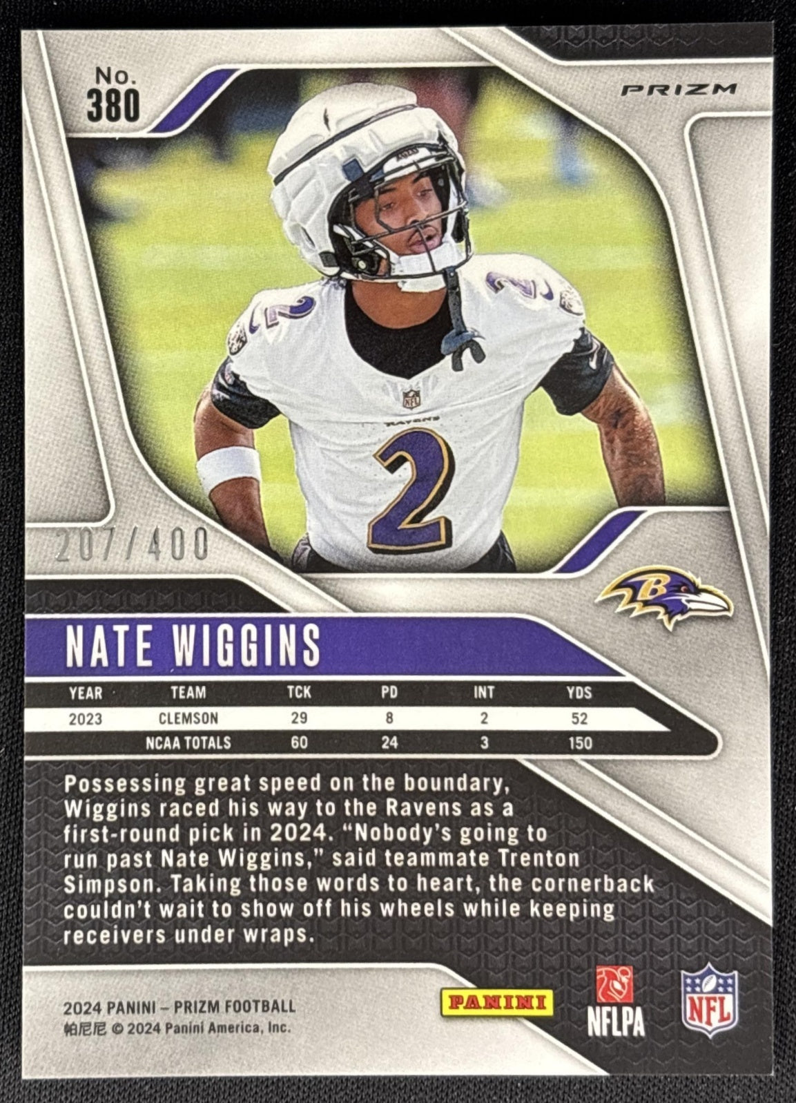 Nate Wiggins 2024 Panini Prizm Pandora /400 Ravens Sports Trading Card