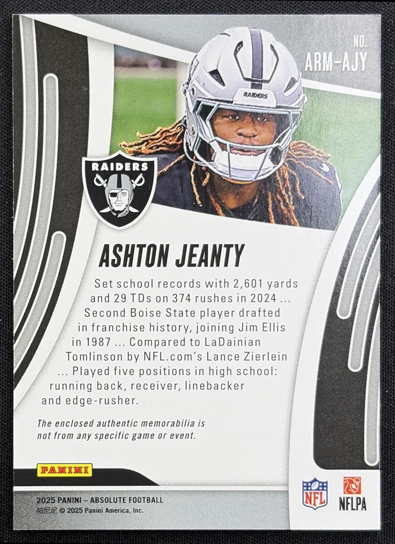 Ashton Jeanty 2025 Panini Absolute Rookie Materials Raiders