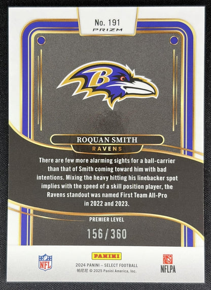 Roquan Smith 2024 Panini Select Premier Purple Prizm Shock /360 Ravens back