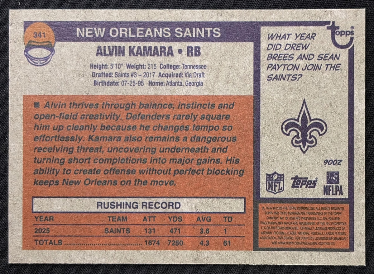 Alvin Kamara 2026 Topps Heritage Dark Gray Border Saints