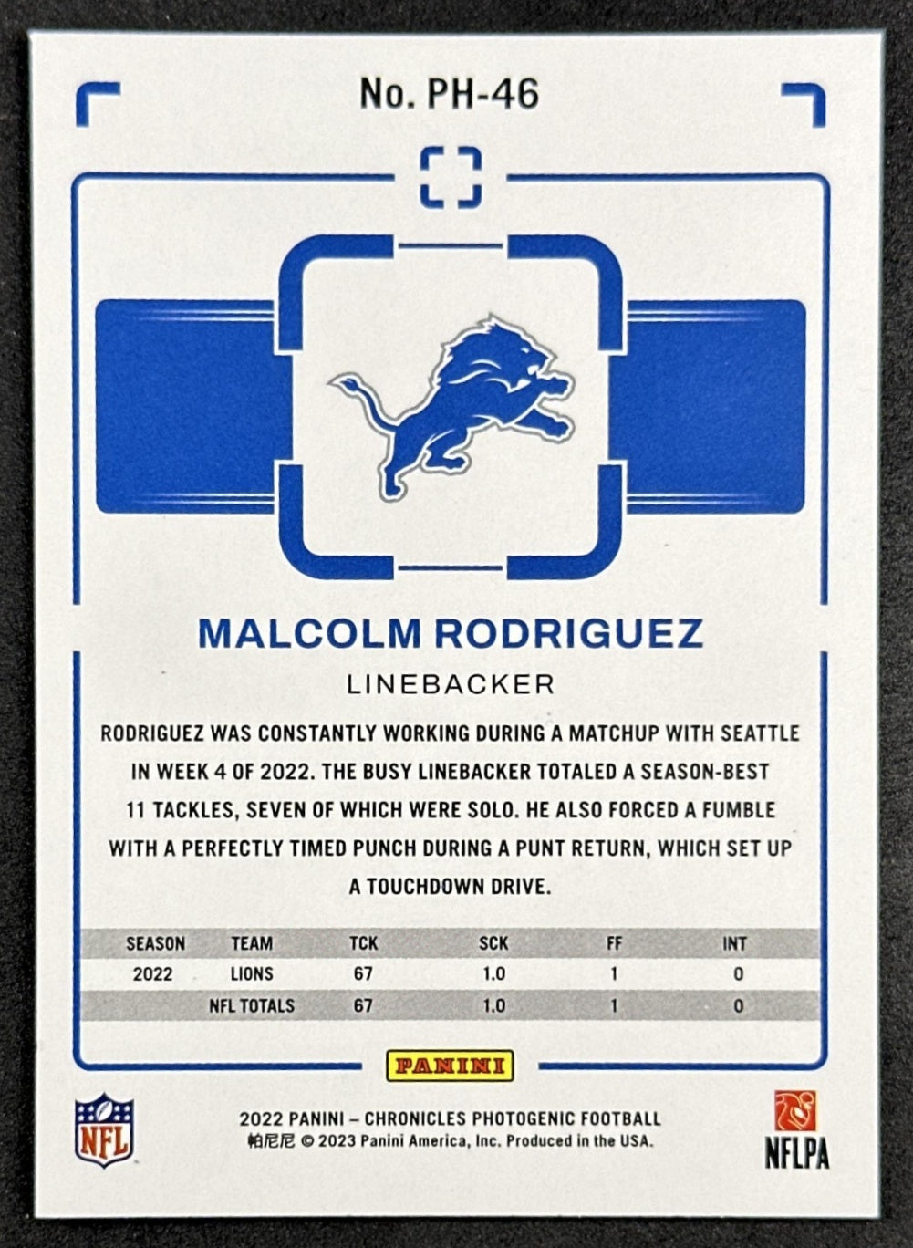 Malcolm Rodriguez 2022 Panini Chronicles Photogenic Lions back