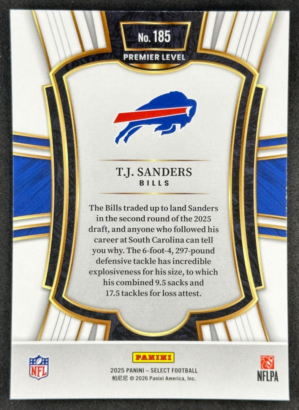 T.J. Sanders 2025 Select Premier Level Bills Sports Trading Cards