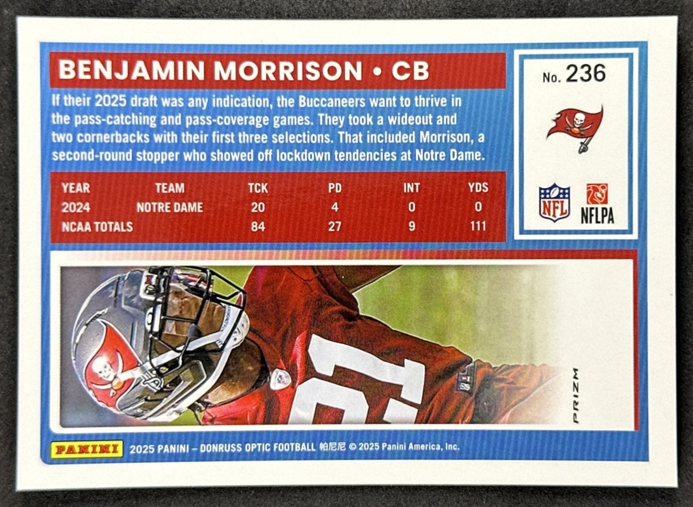 Benjamin Morrison 2025 Donruss Optic Rated Rookie Blue Hyper Prizm Buccaneers back
