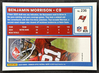 Benjamin Morrison 2025 Donruss Optic Rated Rookie Blue Hyper Prizm Buccaneers back