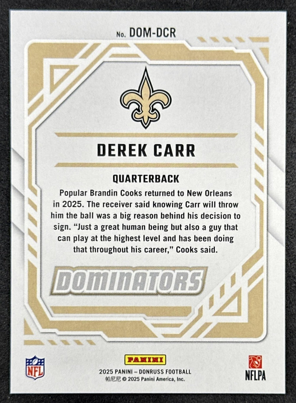 Derek Carr 2025 Panini Donruss Dominators Saints Sports Trading Cards