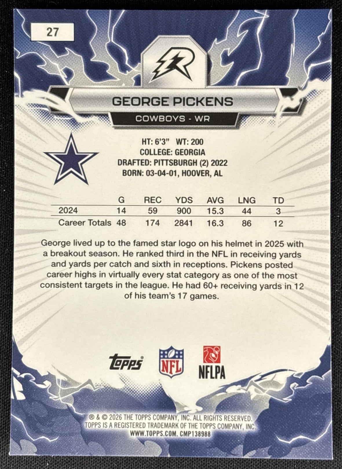 George Pickens 2025 Topps Resurgence Prism Refractor Cowboys back