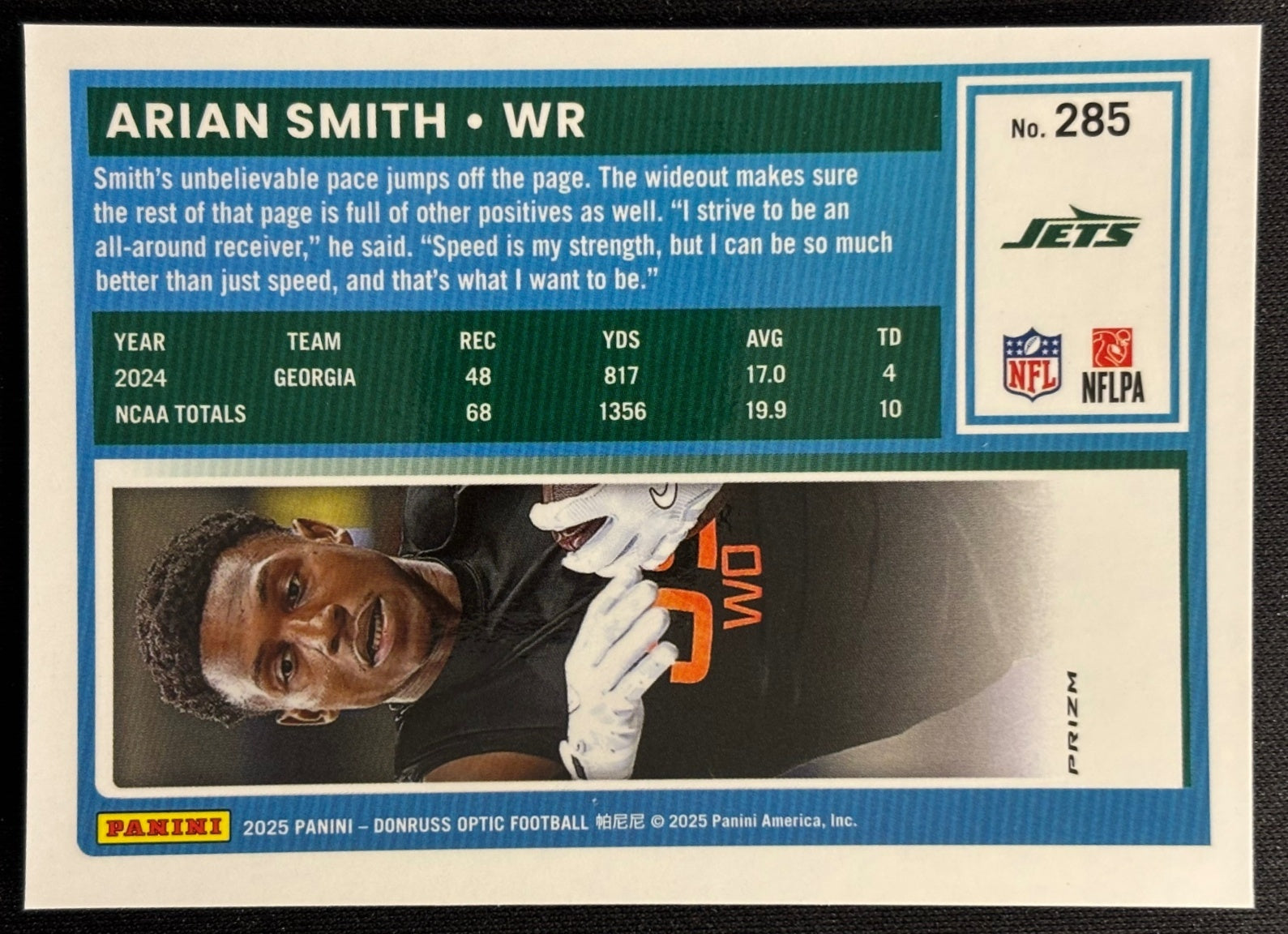 Arian Smith 2025 Donruss Optic Rated Rookie Blue Hyper Prizm Jets - Back