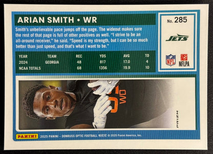 Arian Smith 2025 Donruss Optic Rated Rookie Blue Hyper Prizm Jets - Back