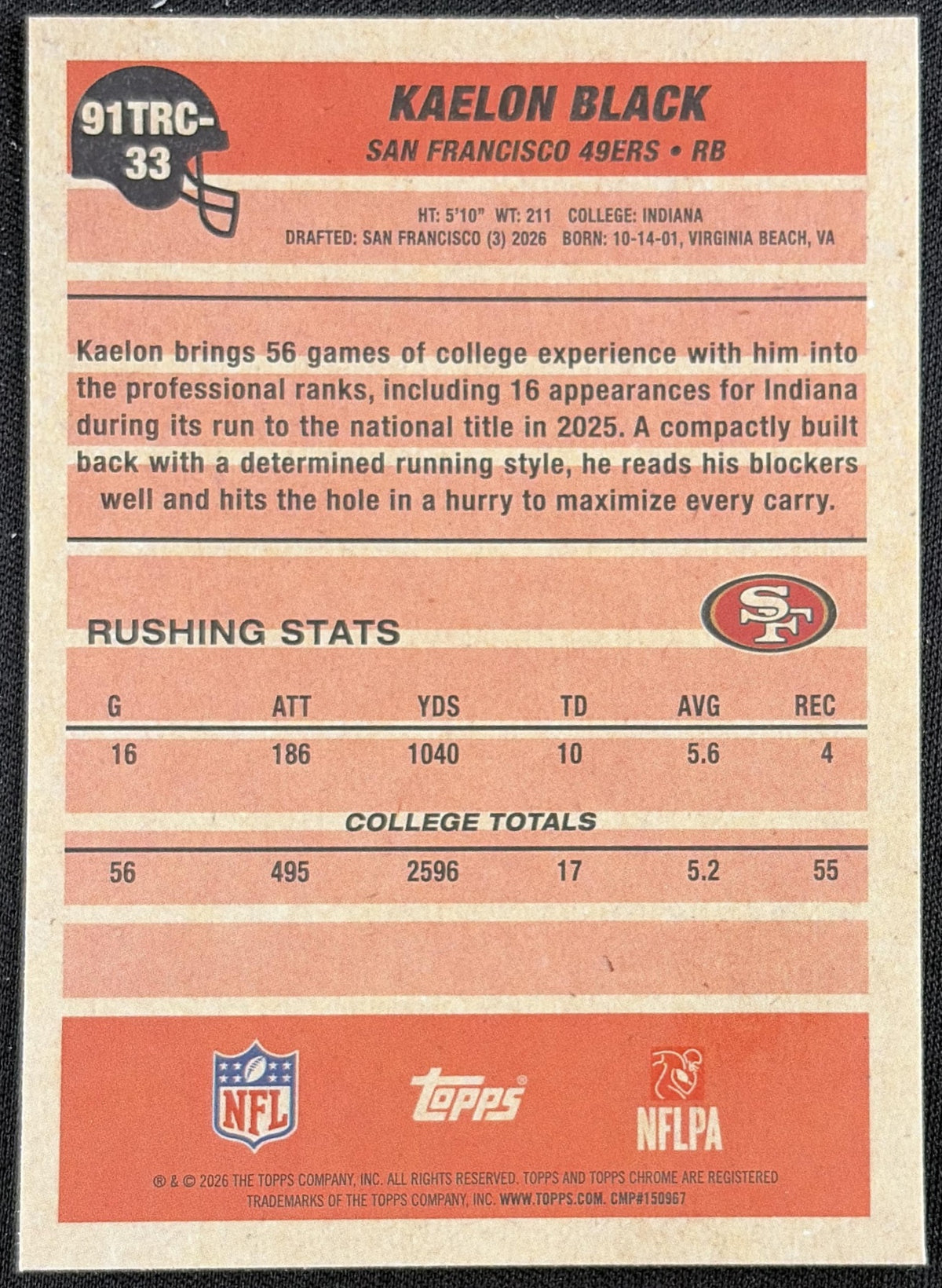 Kaelon Black 2026 Topps 1991 Chrome Rookie Mojo Refractor 49ers back