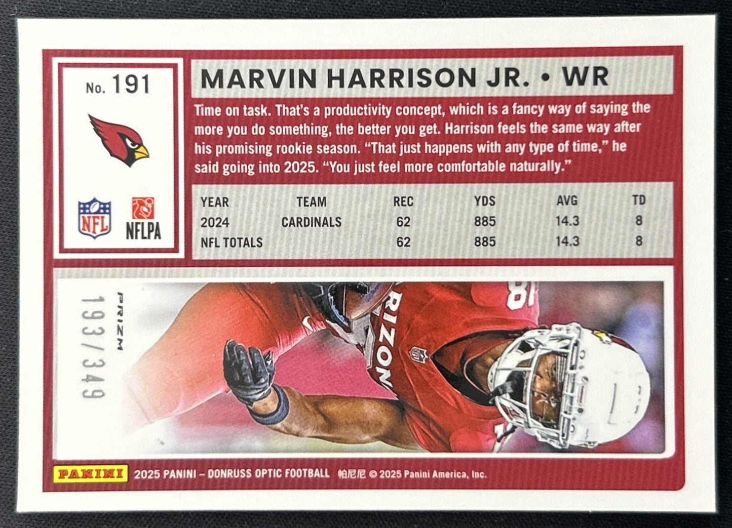 Marvin Harrison Jr. 2025 Panini Donruss Optic Aqua Prizm /349 Cardinals back