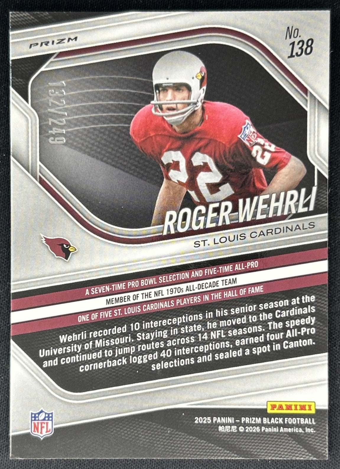 Roger Wehrli 2025 Panini Prizm Black Skewed /249 back