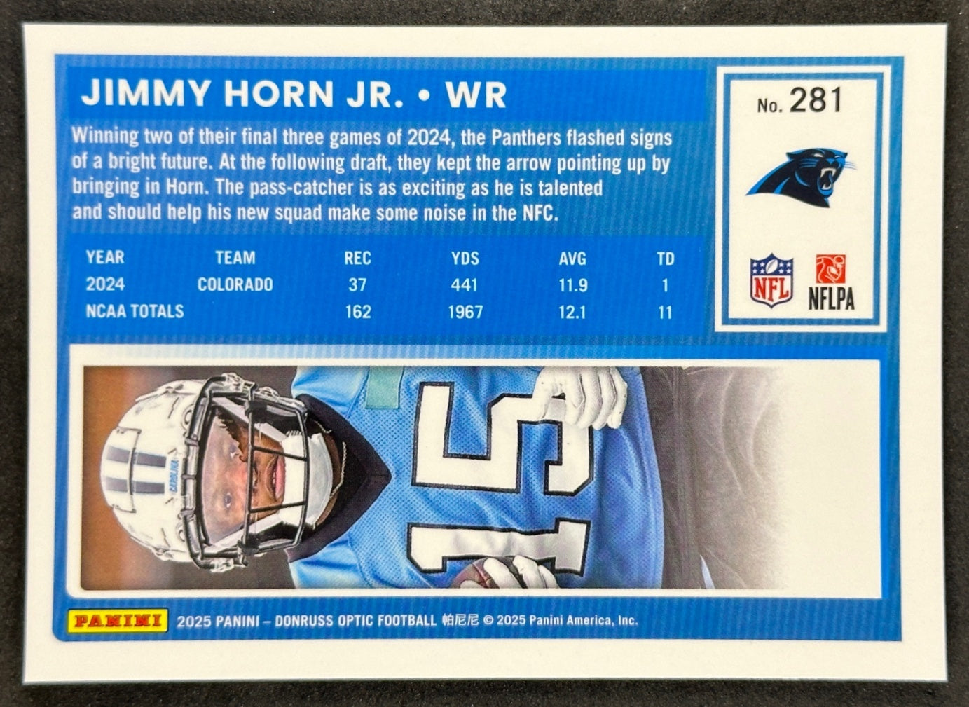 Jimmy Horn Jr. 2025 Donruss Optic Rated Rookie Panthers Sports Trading Card