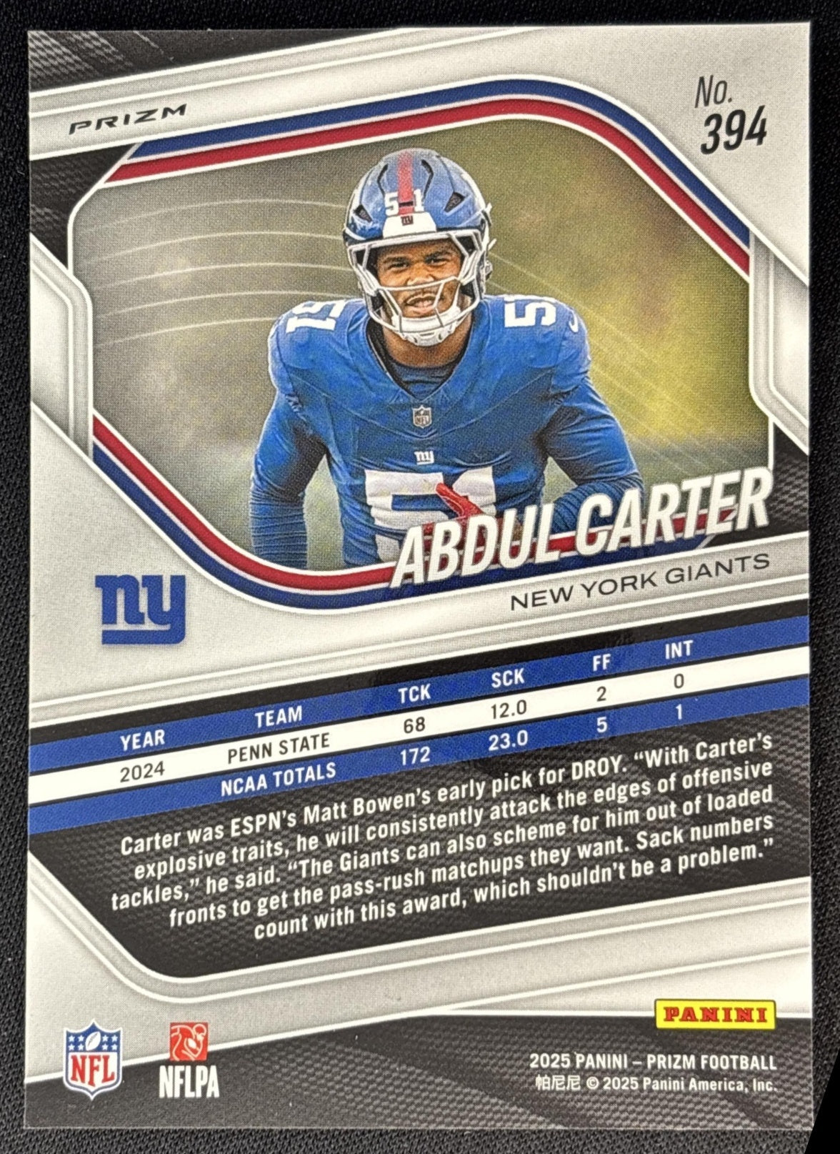 Abdul Carter 2025 Panini Prizm Red White & Blue Giants back