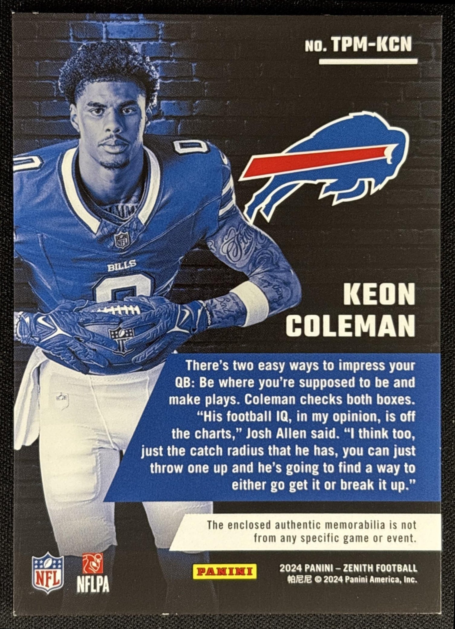 Keon Coleman 2024 Panini Zenith Turning Pro Memorabilia Bills