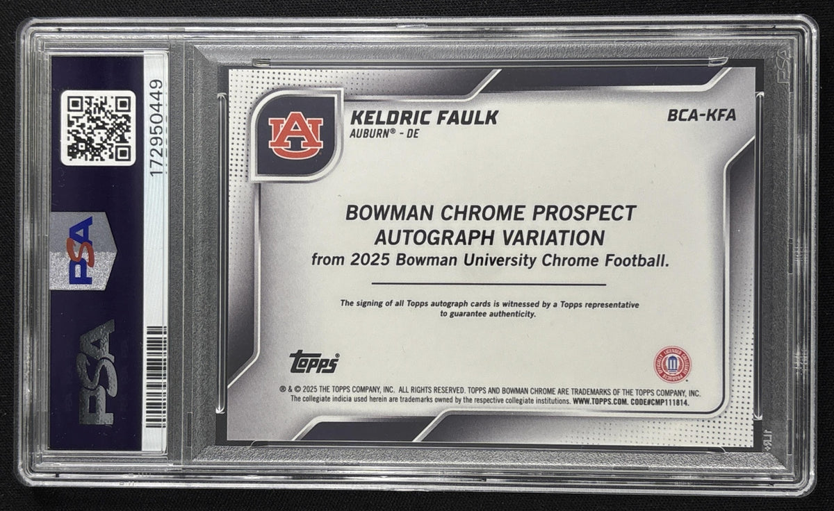 Keldric Faulk 2025 Bowman Chrome University Sapphire Prospect Auto Red Refractor /5 PSA 10 Tigers Sports Trading Card