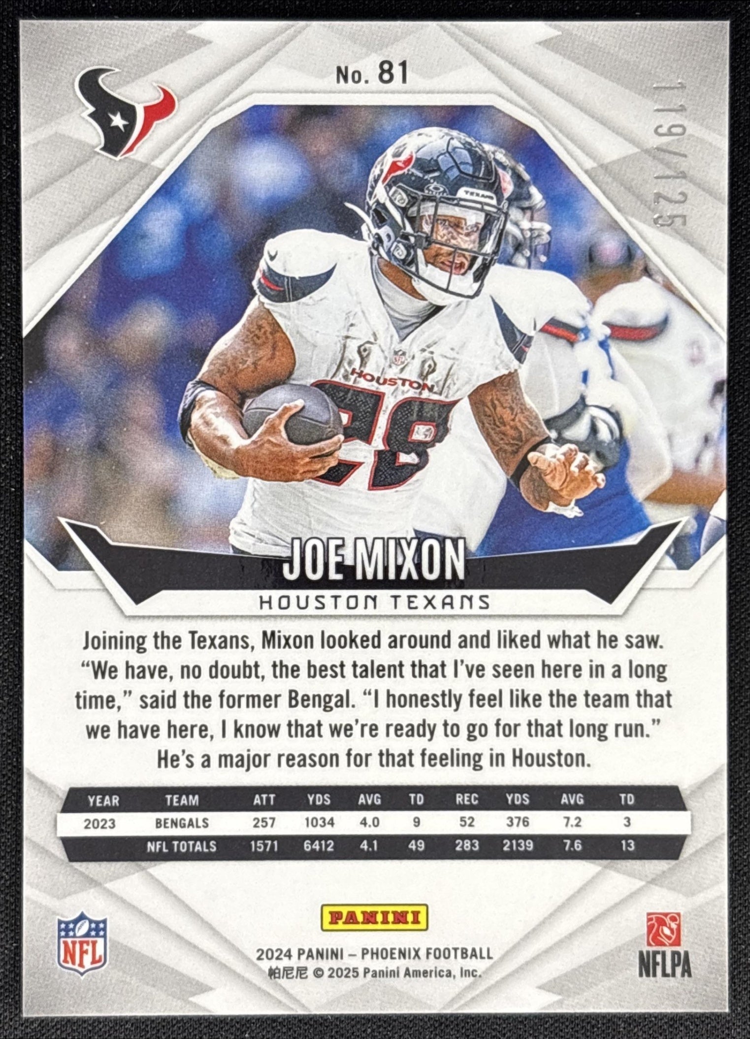 Joe Mixon 2024 Panini Phoenix Bronze Fade /125 Texans