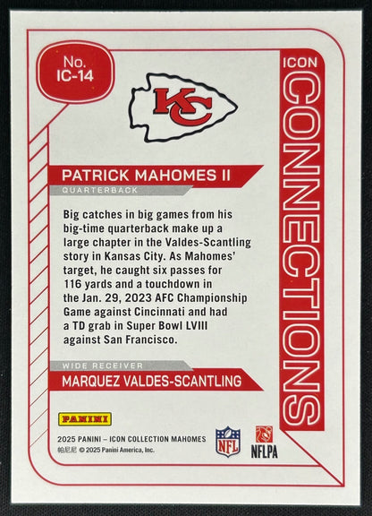 Patrick Mahomes II Marquez Valdes-Scantling 2025 Icon Connections Chiefs Sports Trading Cards
