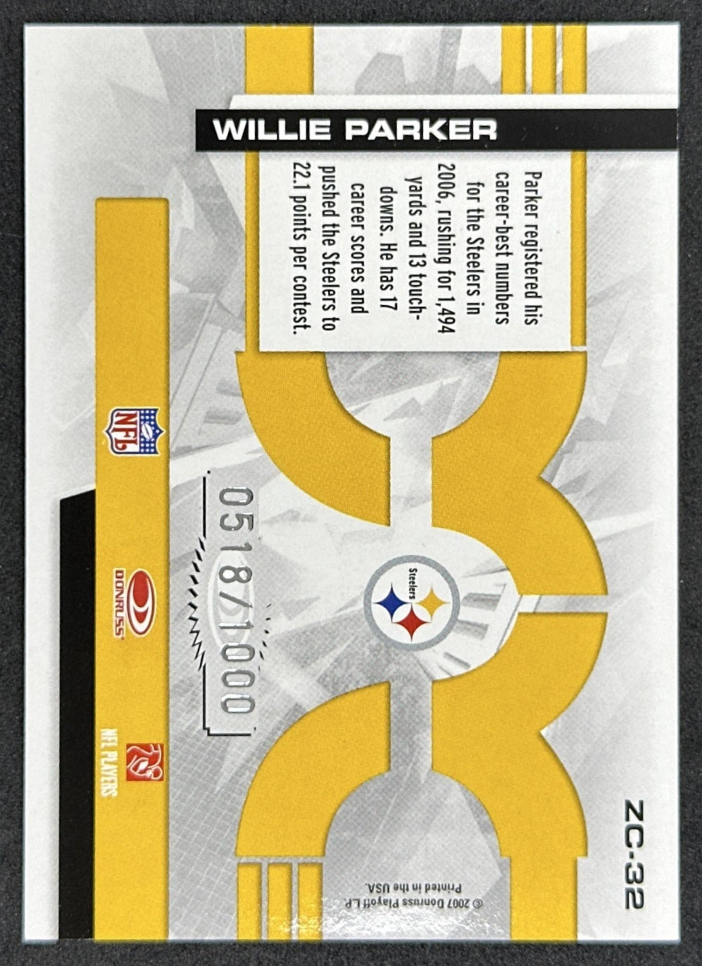 Willie Parker 2007 Donruss Elite Zoning Commission Gold /1000 Steelers back