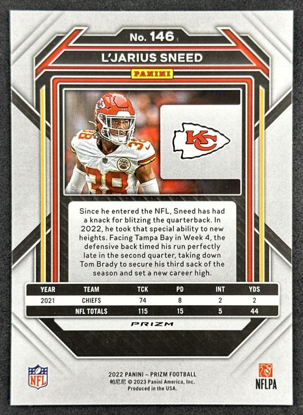 L Jarius Sneed 2022 Panini Prizm Green Chiefs back sports trading card