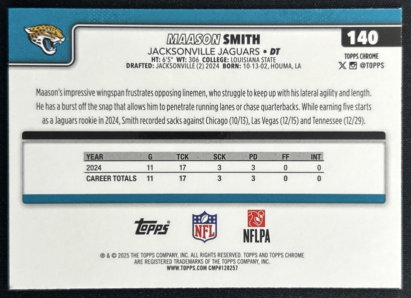 Maason Smith 2025 Topps Chrome Pink Wave Refractor /250 Jaguars