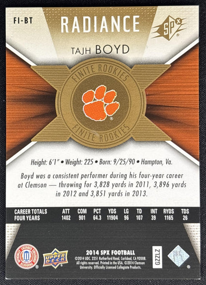 Tajh Boyd 2014 SPx Finite Radiance /99 Tigers back