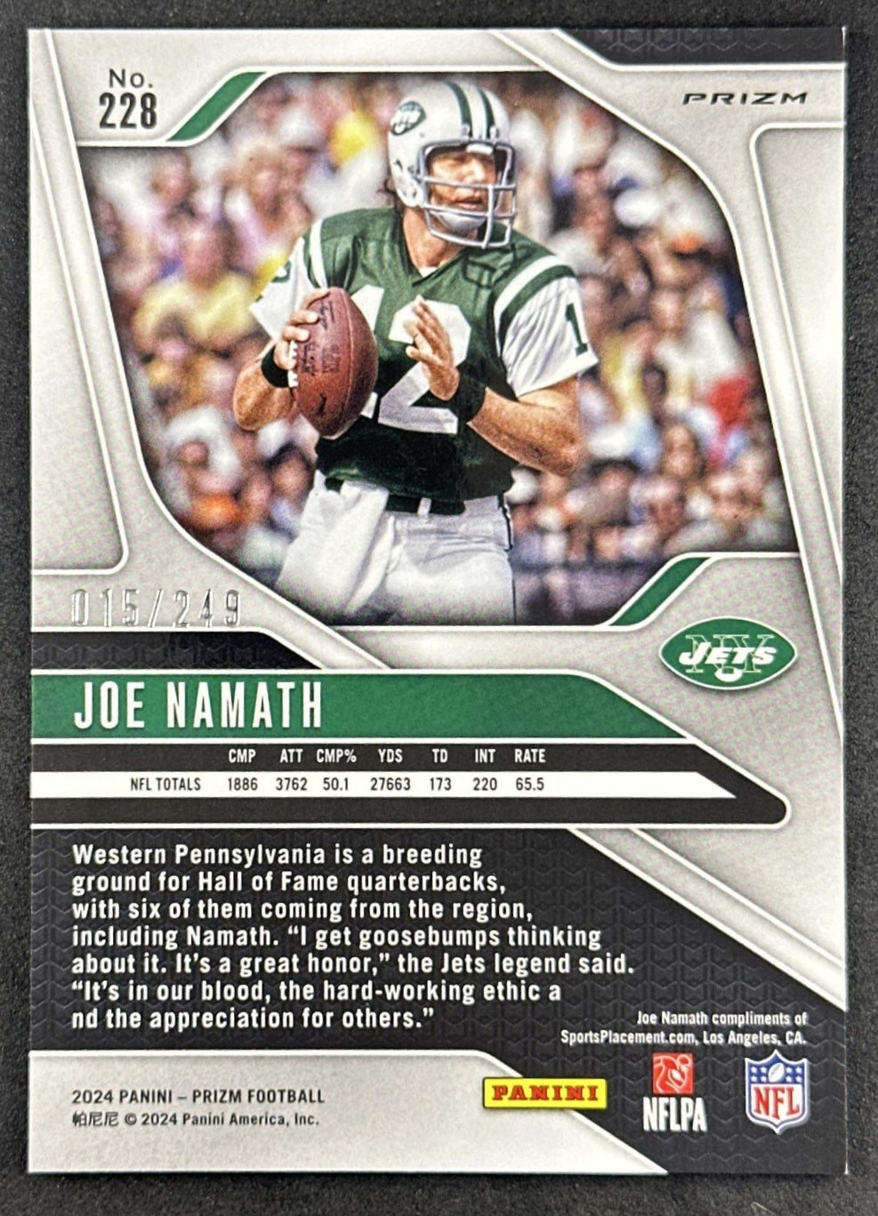 Joe Namath 2024 Panini Prizm Orange /249 Jets back